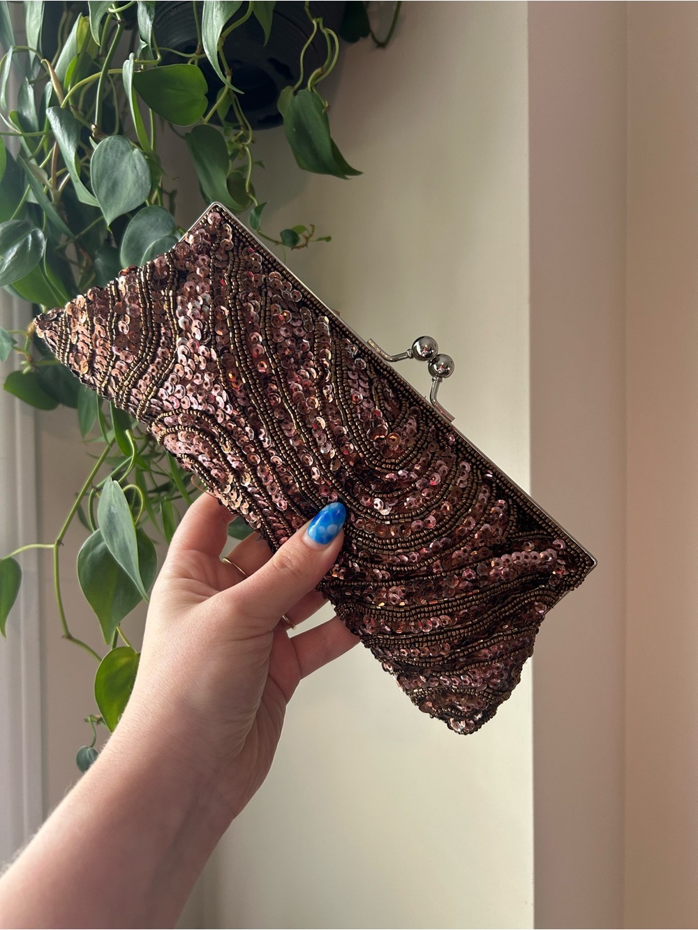 Brown Sequin Beaded Evening Clutch